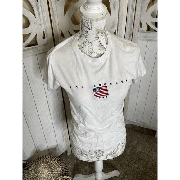 Brandy Melville VINTAGE American Flag Los Angeles Made In Italy White Tee Small - Picture 1 of 6